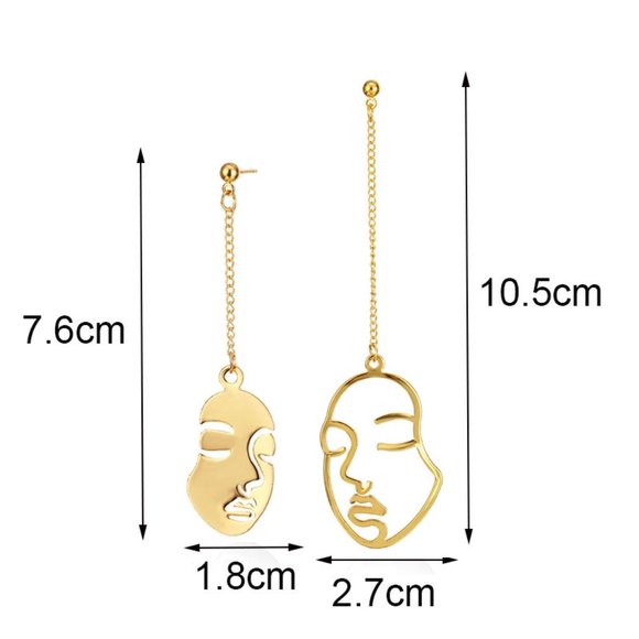 NEW Unique Abstract Hallow Face Asymmetric Stud Chain Drop Dangle Earrings GOLD - Picture 5 of 8